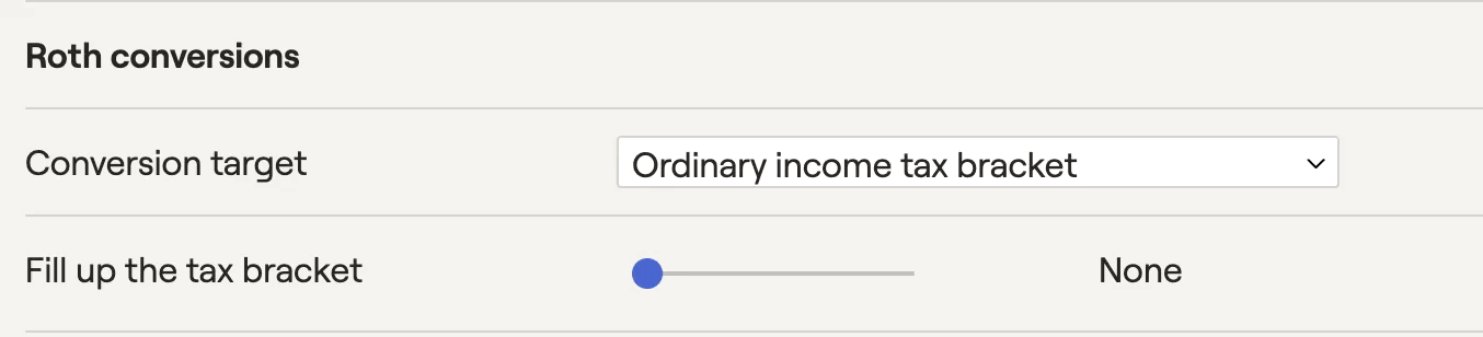 Tax bracket slider showing fill up the bracket optimization